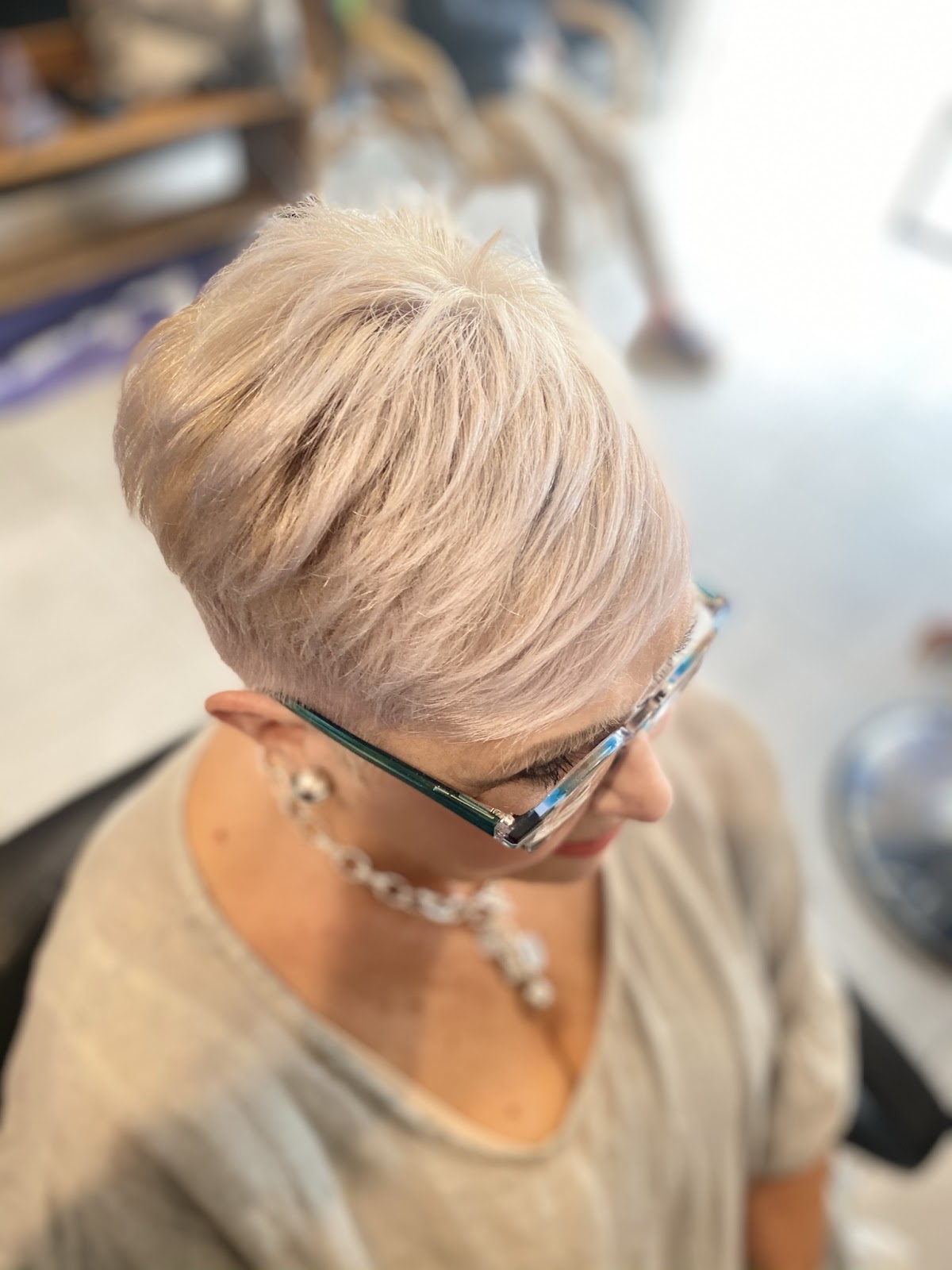 Short silver blonde pixie cut