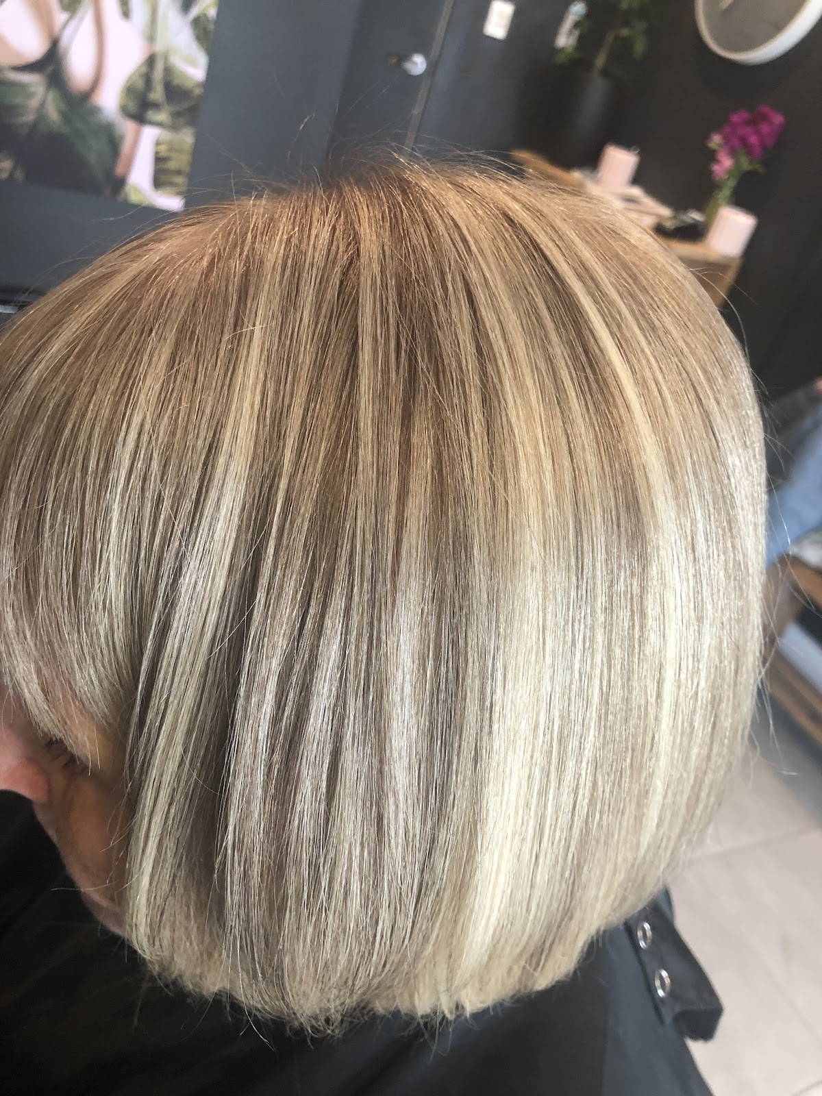 Blonde balayage bob, seen from behind