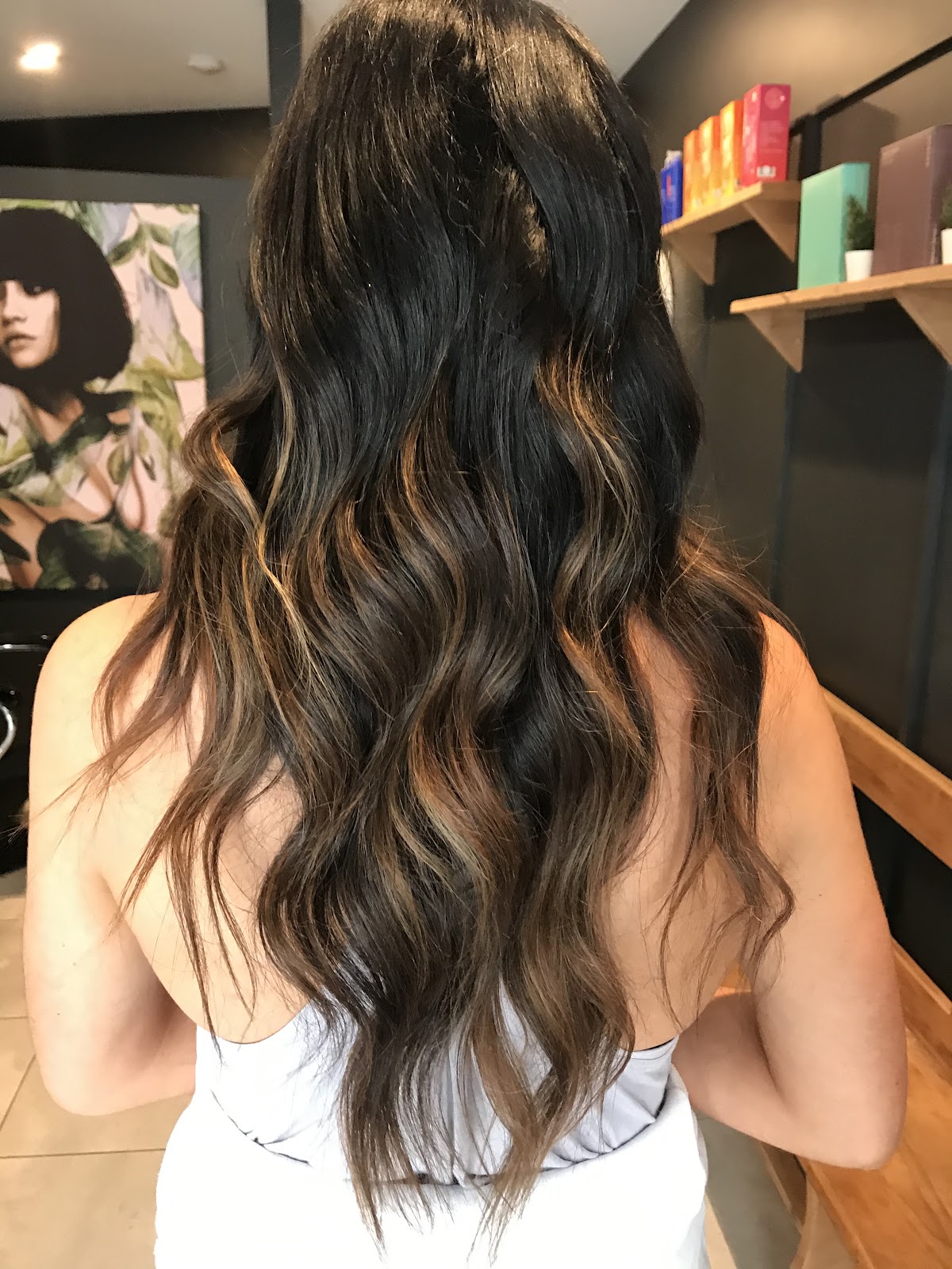 Long brunette waves with caramel balayage